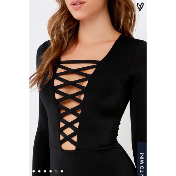 Black Lace Up Plunging Neckline Bodycon Minidress - Picture 4 of 8